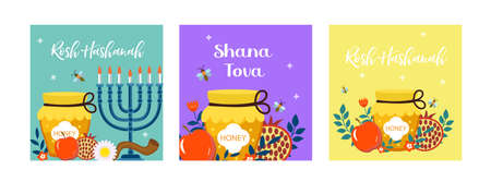 Happy Rosh Hashanah greeting card. Shana Tova template for your design with traditional symbols and flowers. Jewish holiday. Happy New Year in Israel. Vector illustration.のイラスト素材