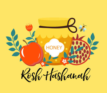 Happy Rosh Hashanah greeting card. Shana Tova template for your design with traditional symbols and flowers. Jewish holiday. Happy New Year in Israel. Vector illustration.のイラスト素材