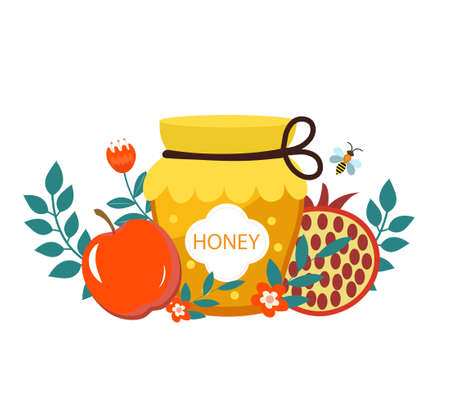 Rosh Hashanah traditional symbols and flowers. Jewish holiday. Happy New Year in Israel. Vector illustrationのイラスト素材
