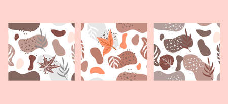 Autumn Abstract poster set in modern hipster style.Trendy contemporary art with autumn leaves. Vector illustration.のイラスト素材