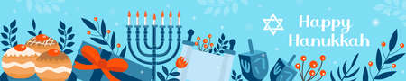 Happy Hanukkah banner, template for your design. Hanukkah is a Jewish holiday. Greeting Card with Menorah, Sufganiyot, Dreidel. Vector illustrationのイラスト素材