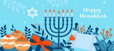Happy Hanukkah banner, template for your design. Hanukkah is a Jewish holiday. Greeting Card with Menorah, Sufganiyot, Dreidel. Vector illustrationのイラスト素材