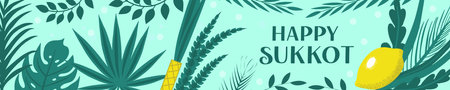 Sukkot palm tree leaves frame, date palm leafes border, blue sky background. Sukkah decoration. Vector illustration.のイラスト素材