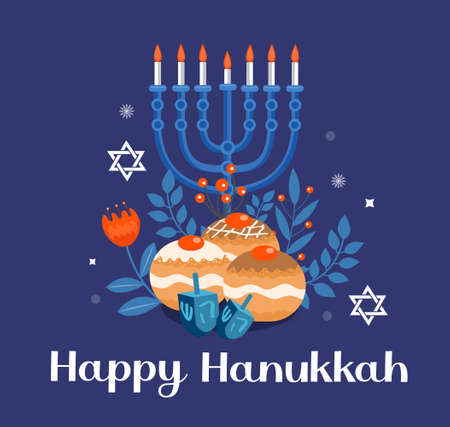 Happy Hanukkah template for your design. Greeting Card with Menorah, Sufganiyot, Dreidel. Vector illustrationのイラスト素材
