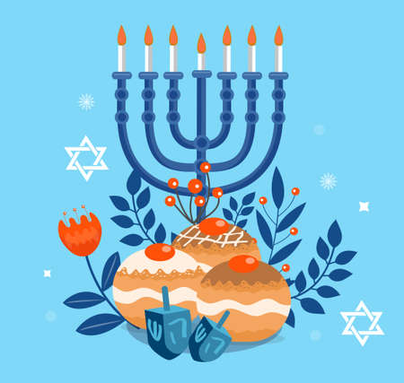 Happy Hanukkah template for your design. Greeting Card with Menorah, Sufganiyot, Dreidel. Vector illustrationのイラスト素材