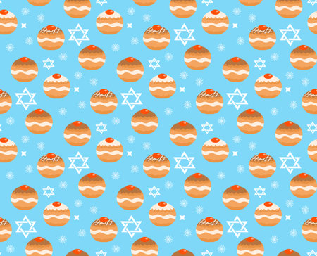 Sufganiyot seamless pattern. Jewish donut seamless texture, traditional dessert on the holiday of Hanukkah background. Jewish donut pattern. Vector illustrationのイラスト素材