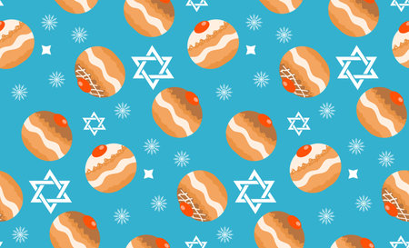 Sufganiyot seamless pattern. Jewish donut seamless texture, traditional dessert on the holiday of Hanukkah background. Jewish donut pattern. Vector illustrationのイラスト素材