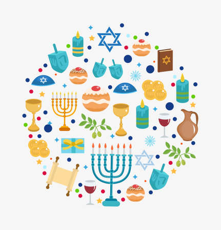 Happy Hanukkah set of icons in a round shape, greeting card. Template for your design. Jewish holidays. Vector illustrationのイラスト素材