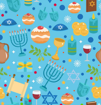 Hanukkah seamless pattern with menorah, dreidel, coins, snowflakes, donuts, bows and Jewish star.のイラスト素材