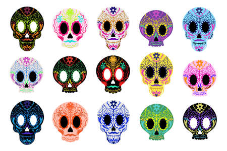 Day of the Dead sugar skulls set. Dia de los muertos mexican Halloween. Vectorのイラスト素材