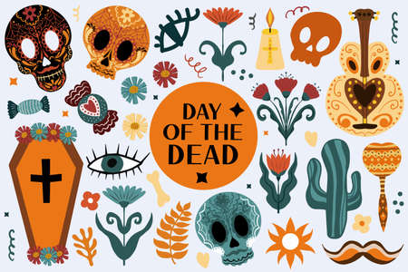 Day of the dead Boho set. Bohemian Dia de los Muertos collection clip art hand drawing style. Mexican holiday Halloween with sugar skulls. Vector illustrationのイラスト素材