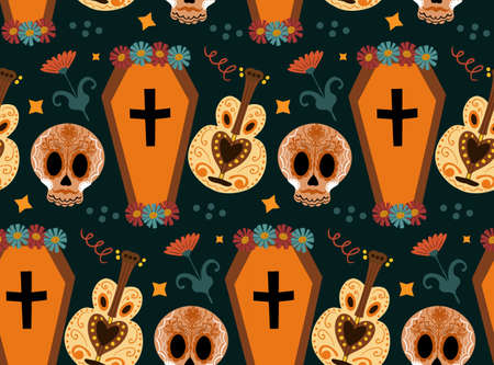 Day of the dead seamless pattern. Dia de los Muertos hand drawing repeating texture. Mexican holiday Halloween with sugar skulls background wallpaper or paper. Vector illustrationのイラスト素材