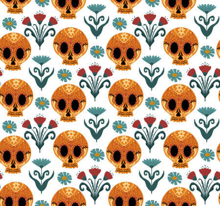 Day of the dead seamless pattern. Dia de los Muertos hand drawing repeating texture. Mexican holiday Halloween with sugar skulls background wallpaper or paper. Vector illustrationのイラスト素材