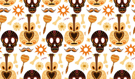 Day of the dead seamless pattern. Dia de los Muertos hand drawing repeating texture. Mexican holiday Halloween with sugar skulls background wallpaper or paper. Vector illustrationのイラスト素材