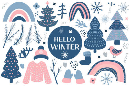 Hello Winter Boho set elements. Bohemian winter season collection clip art hand drawing style. Christmas tree and warm clothes, snowflakes. Vector illustrationのイラスト素材