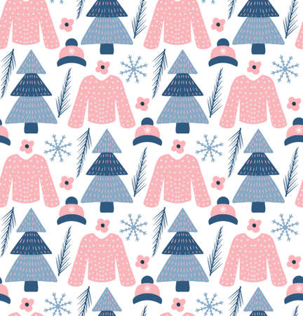 Winter boho seamless pattern in hipster style. Christmas tree repeating texture, background. Vector illustrationのイラスト素材