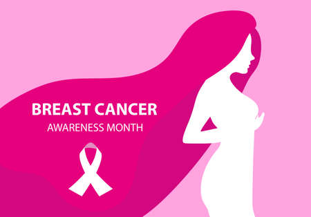 Breast Cancer Awareness Month. Silhouette woman checks her breasts template for your design poster, banner. Vector illustrationのイラスト素材