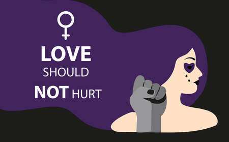 International day for the elimination of violence against women. Woman with a bruise on her face and man fist. Femicide, feminicide concept. Stop domestic violence. Vector illustrationのイラスト素材