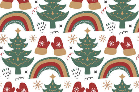 Merry Christmas Boho seamless pattern. Bohemian winter holiday repeating texture hand drawing style. Gingerbread, Snowflakes, Christmas tree. Vector illustrationのイラスト素材