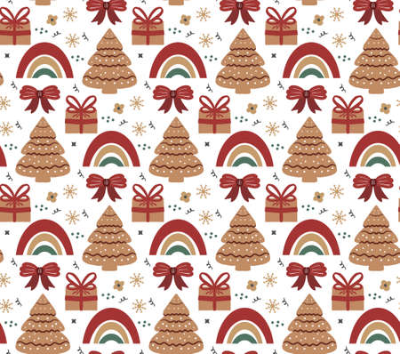 Merry Christmas Boho seamless pattern. Bohemian winter holiday repeating texture hand drawing style. Gingerbread, Snowflakes, Christmas tree. Vector illustrationのイラスト素材