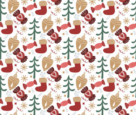 Merry Christmas Boho seamless pattern. Bohemian winter holiday repeating texture hand drawing style. Gingerbread, Snowflakes, Christmas tree. Vector illustrationのイラスト素材
