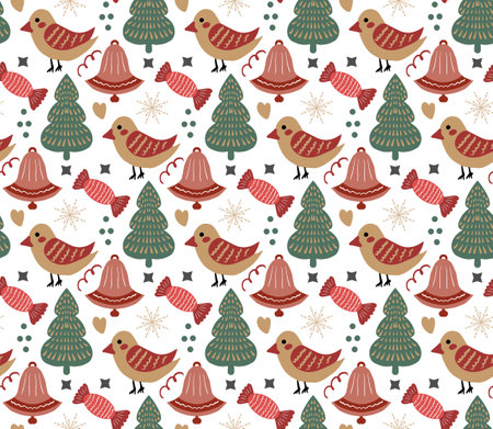 Merry Christmas Boho seamless pattern. Bohemian winter holiday repeating texture hand drawing style. Gingerbread, Snowflakes, Christmas tree. Vector illustrationのイラスト素材
