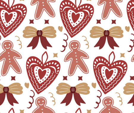 Merry Christmas Boho seamless pattern. Bohemian winter holiday repeating texture hand drawing style. Gingerbread, Snowflakes, Christmas tree. Vector illustrationのイラスト素材