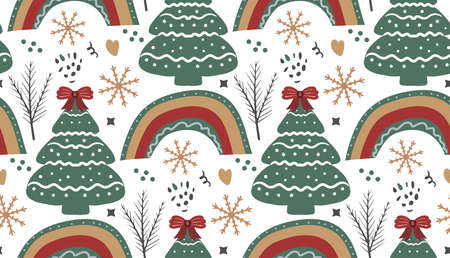 Merry Christmas Boho seamless pattern. Bohemian winter holiday repeating texture hand drawing style. Gingerbread, Snowflakes, Christmas tree. Vector illustrationのイラスト素材