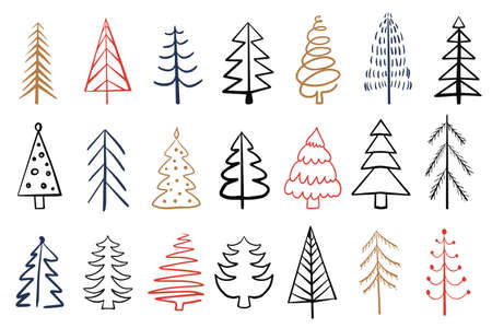 Christmas trees hand drawn set for Holidays cards and background. Abstract doodle drawing woods. Vector illustrationのイラスト素材