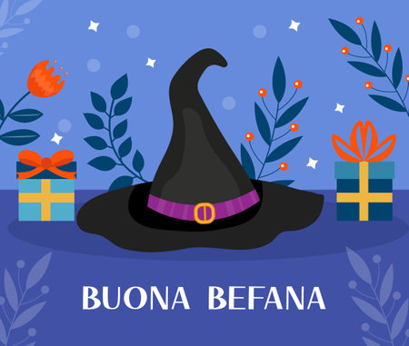 Buona Befana mean happy Epiphany Christmas Tradition in Italy Witch hat and Christmas accessories template for your design. Vector illustrationのイラスト素材