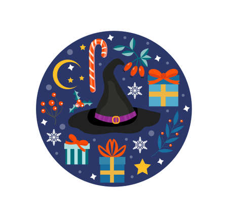 Buona Befana mean happy Epiphany Christmas Tradition in Italy Witch hat and Christmas accessories template for your design. Vector illustrationのイラスト素材
