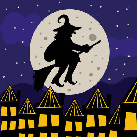 Buona Befana mean happy Epiphany Christmas Tradition in Italy Witch silhouette on night sky with moon, template for your design. Vector illustrationのイラスト素材