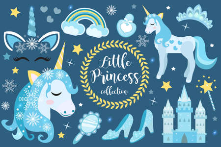Cute christmas unicorn princess objects set. Winter Collection design element with snowflakes, ice castle, mirror, crown, accessories. Kids baby clip art funny smiling character. Vector.のイラスト素材