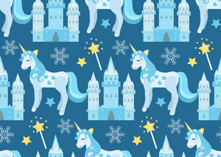 Cute winter unicorn princess seamless pattern, background. Christmas magical endless texture for little princesses. Vector.のイラスト素材