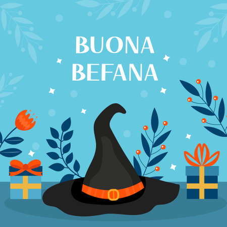 Buona Befana mean happy Epiphany Christmas Tradition in Italy Witch hat and Christmas accessories template for your design. Vector illustrationのイラスト素材