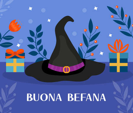 Buona Befana mean happy Epiphany Christmas Tradition in Italy Witch hat and Christmas accessories template for your design. Vector illustrationのイラスト素材