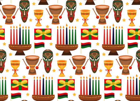 Seamless pattern for Kwanzaa with traditional colored and candles kinara. Vector illustrationのイラスト素材