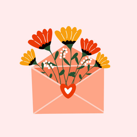 Happy Valentines Day. Vector illustration of envelope with flowers inside. Lovely cute flower bouquet inside the envelope.のイラスト素材