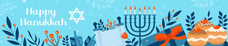 Happy Hanukkah banner, template for your design. Hanukkah is a Jewish holiday. Greeting Card with Menorah, Sufganiyot, Dreidel. Vector illustration.のイラスト素材