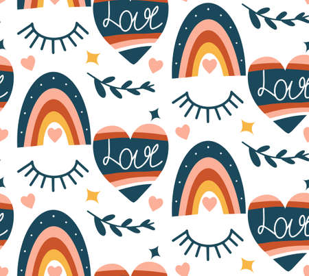 Boho love pattern. Folk mystical tarot ornament. Heart rainbow doodle endless texture. Valentines day, romance. Vector illustrationのイラスト素材