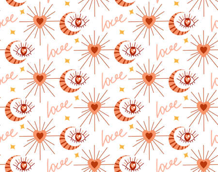 Boho love pattern. Folk mystical tarot ornament. Heart doodle endless texture. Valentines day, romance. Vector illustrationのイラスト素材
