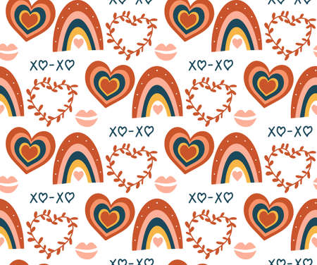 Boho love pattern. Folk mystical tarot ornament. Heart rainbow doodle endless texture. Valentines day, romance. Vector illustrationのイラスト素材