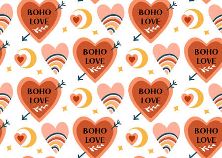 Boho love pattern. Folk mystical tarot ornament. Heart rainbow doodle endless texture. Valentines day, romance. Vector illustrationのイラスト素材