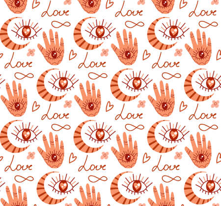 Boho love pattern. Folk mystical tarot ornament. Heart doodle endless texture. Valentines day, romance. Vector illustrationのイラスト素材