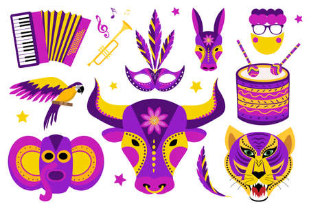 Barranquilla Carnival icons set. Colombian carnaval party collection of design elements with masks, button accordion, drum. For posters, flyers your design template. Vector illustrationのイラスト素材