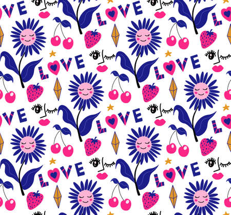 Mystic boho love modern abstract seamless pattern heart trend style. Valentines day, romance endless texture, background, wallpaper, textile. Vector illustrationのイラスト素材