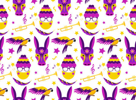 Barranquilla Carnival seamless pattern. Colombian carnaval party endless texture, background, wallpaper. Vector illustrationのイラスト素材