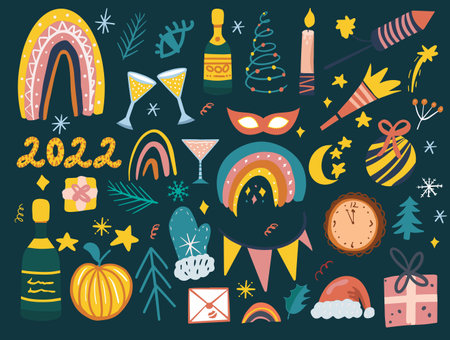 Happy New Year abstract boho icons set. Christmas party trending collection clip art hand drawing style with champagne, clock, christmas accessories, rainbow. Vector illustrationのイラスト素材