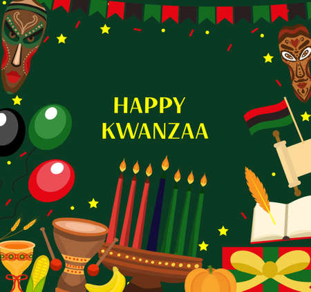 Happy Kwanzaa poster greeting card. African American holiday festival template for your design with kinara. Vector illustrationのイラスト素材