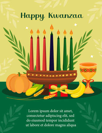 Happy Kwanzaa poster greeting card. African American holiday festival template for your design with kinara. Vector illustrationのイラスト素材